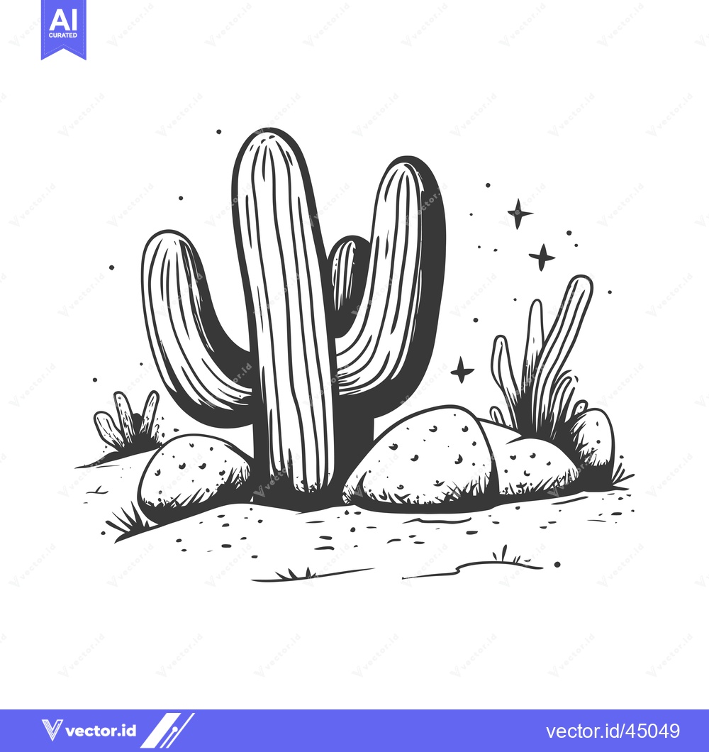 Premium Vector dari Hand-Drawn Illustration of a Desert Landscape with Cactus Plants and R