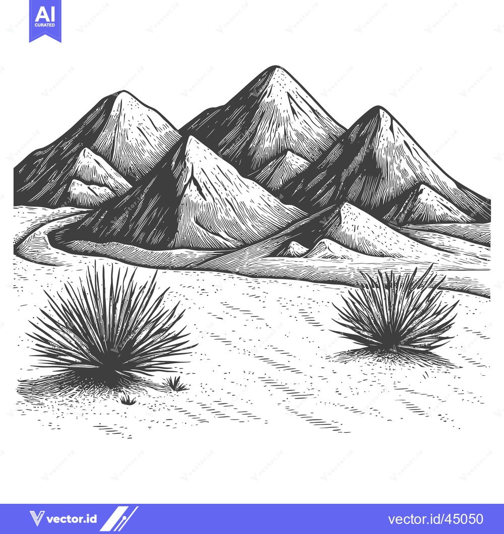 Premium Vector dari Hand-drawn illustration of a desert landscape with mountains and plant