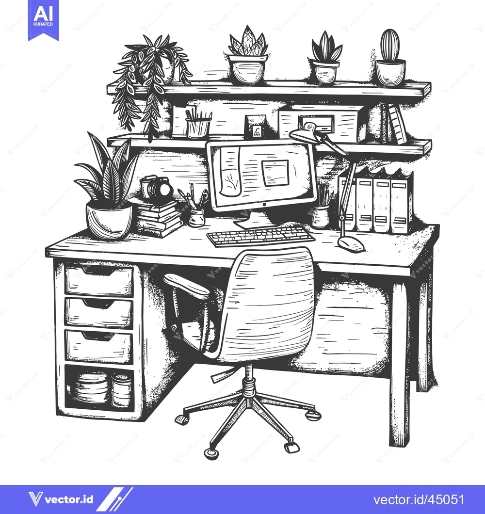 Premium Vector dari Hand-drawn Illustration of a Desk with a Computer, Chair, and Plants