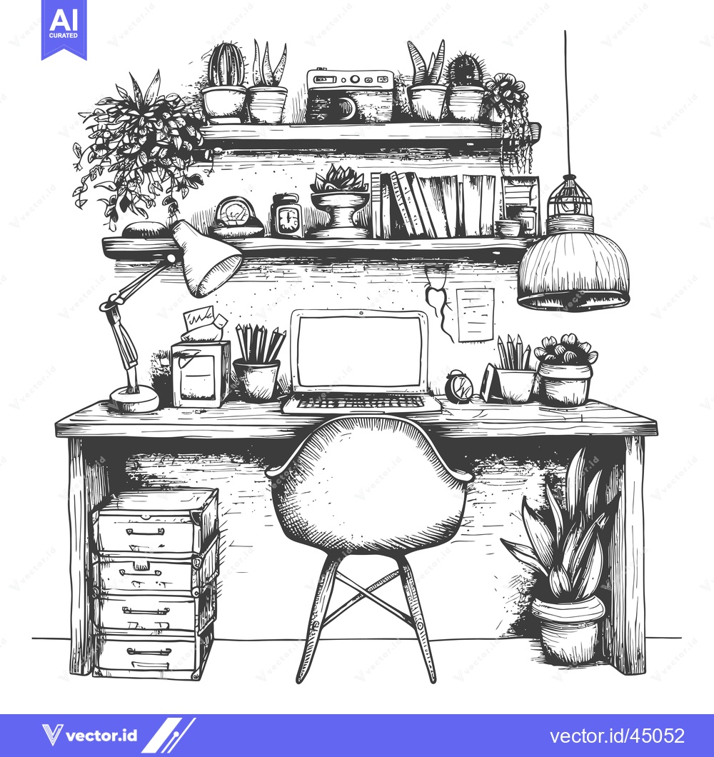Premium Vector of Hand-Drawn Illustration of a Desk with Plants, Books, and a Computer