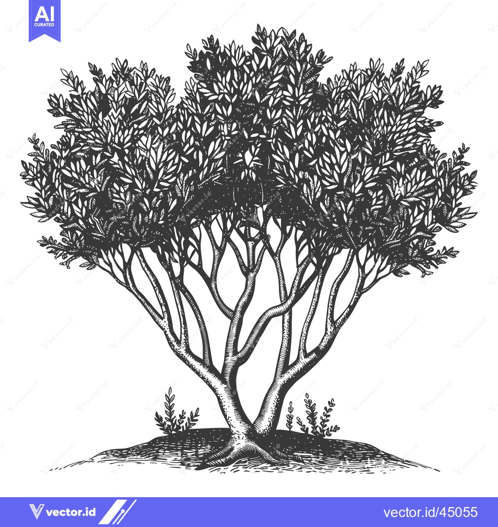 Premium Vector of Hand-Drawn Illustration of a Detailed Bush with Twigs and Leaves