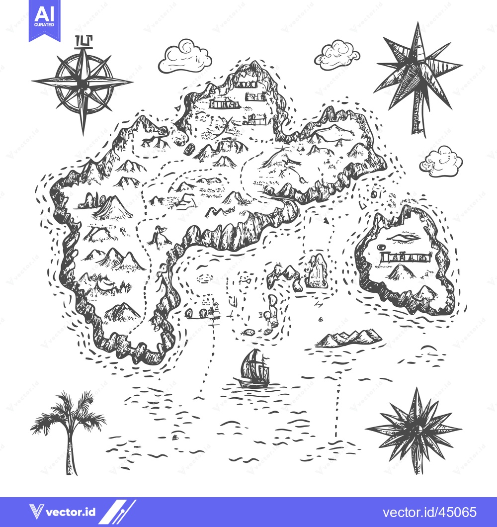 Premium Vector dari Hand-drawn illustration of a detailed treasure island map with a compa