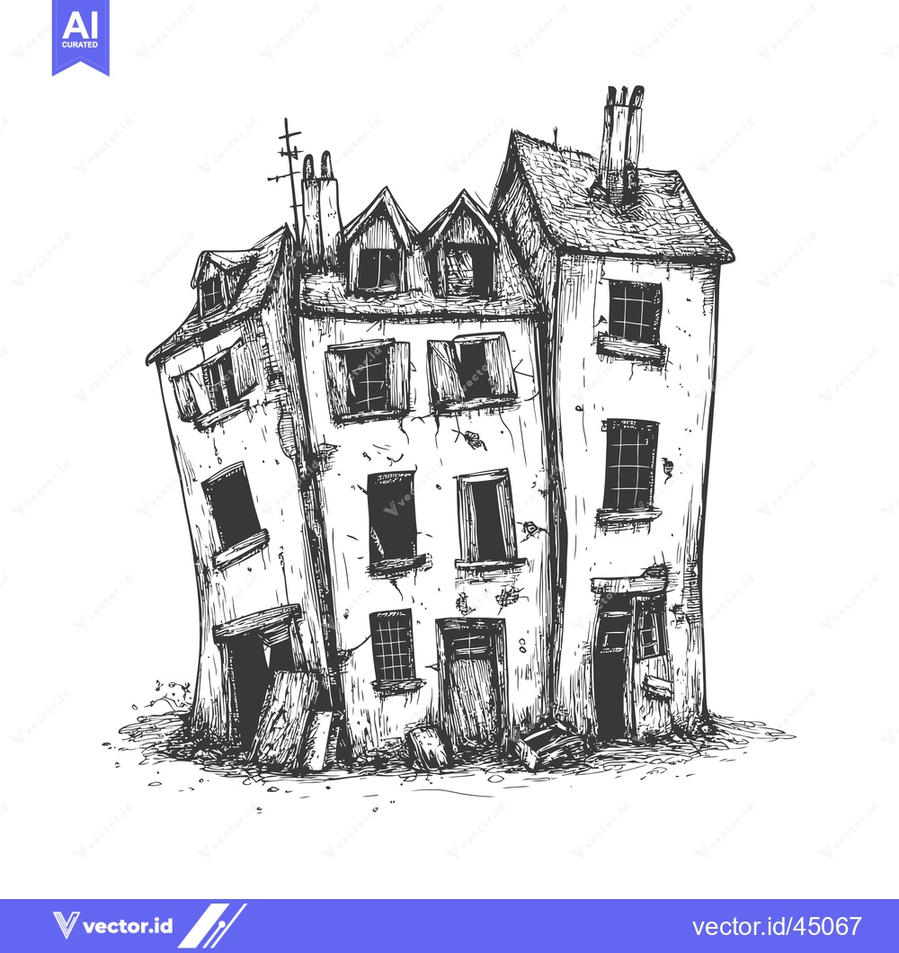 Premium Vector dari Hand-drawn illustration of a dilapidated, crumbling building with boar