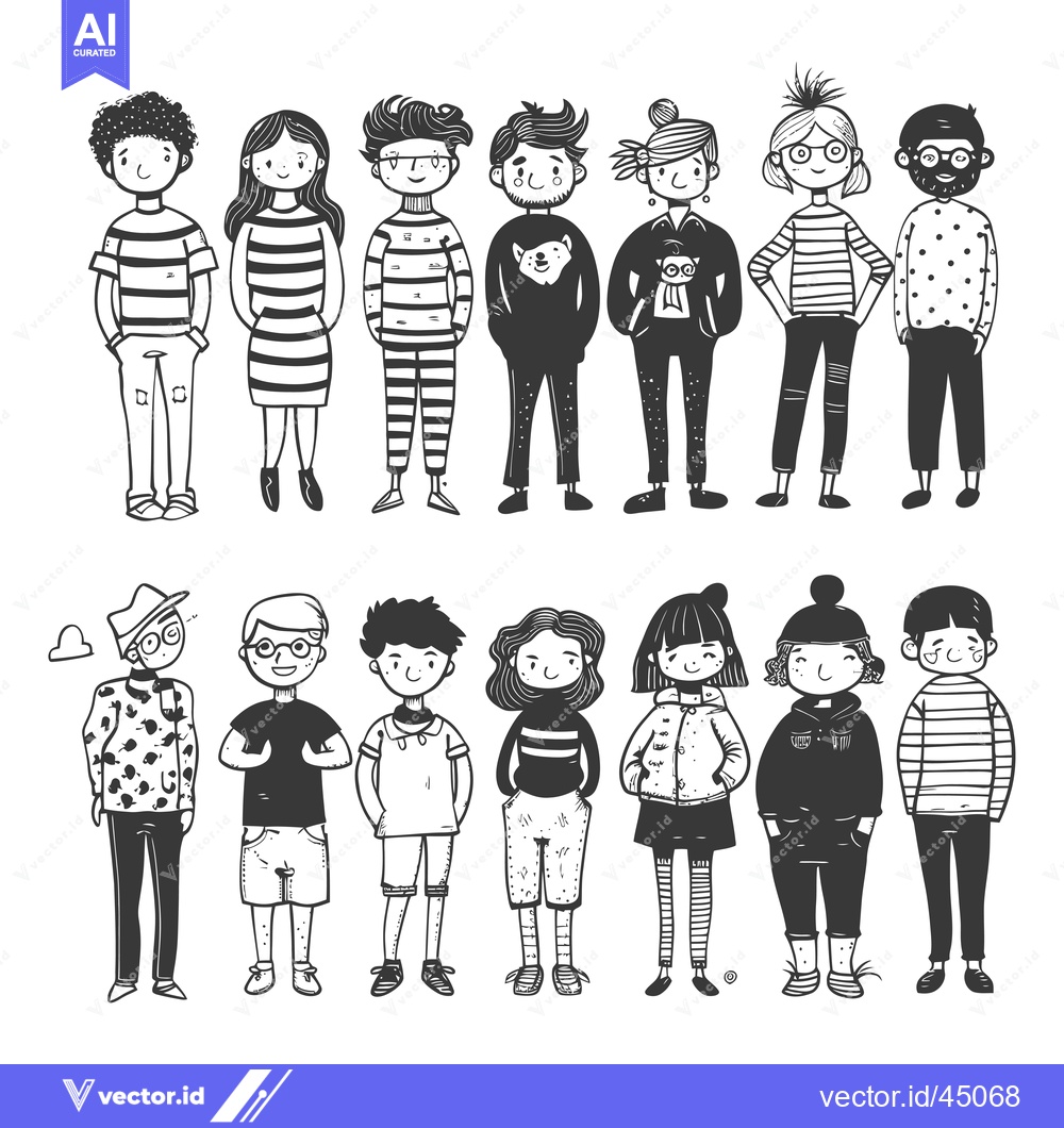 Premium Vector of Hand-drawn illustration of a diverse group of children and teenagers.