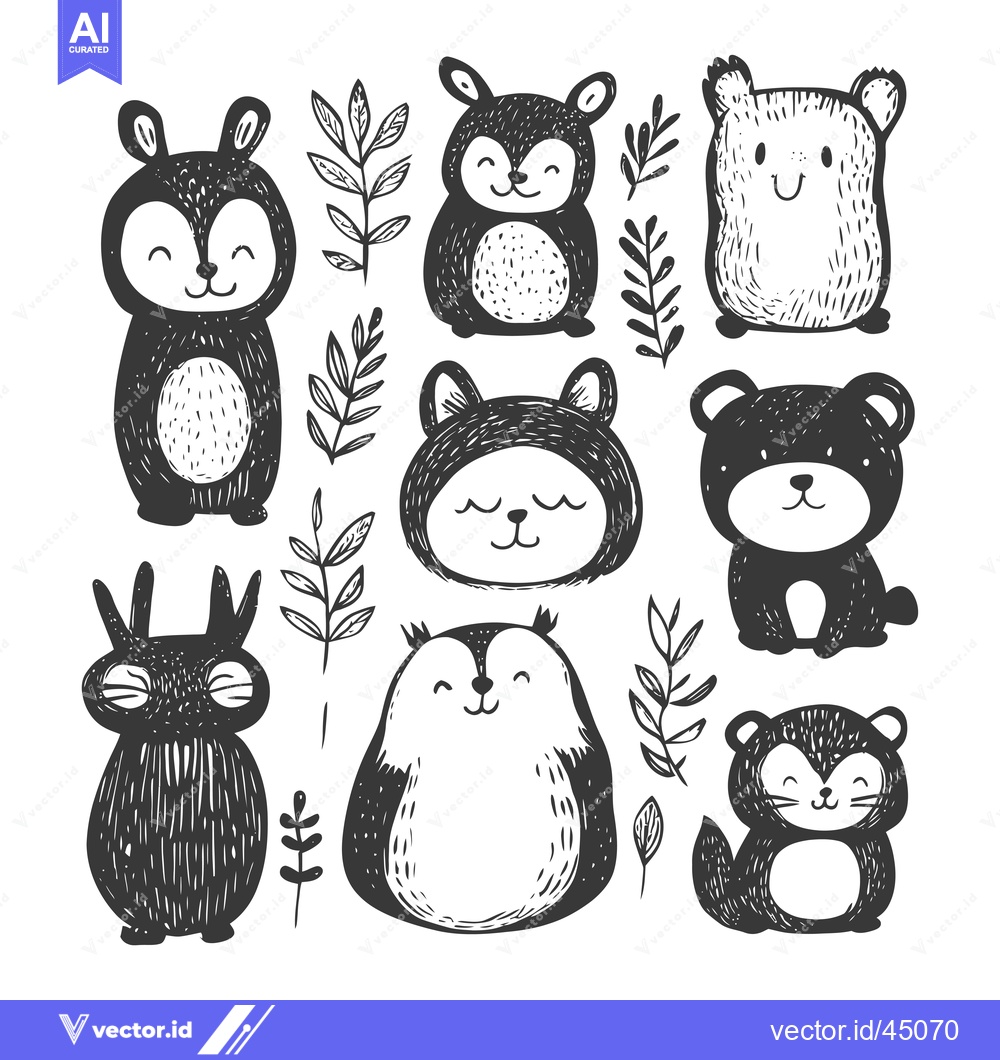 Premium Vector dari Hand-Drawn Illustration of Adorable Black and White Forest Animals