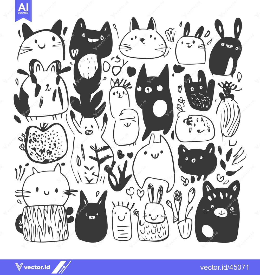 Premium Vector of Hand-Drawn Illustration of Adorable Cats and Bunnies with Plant Motifs
