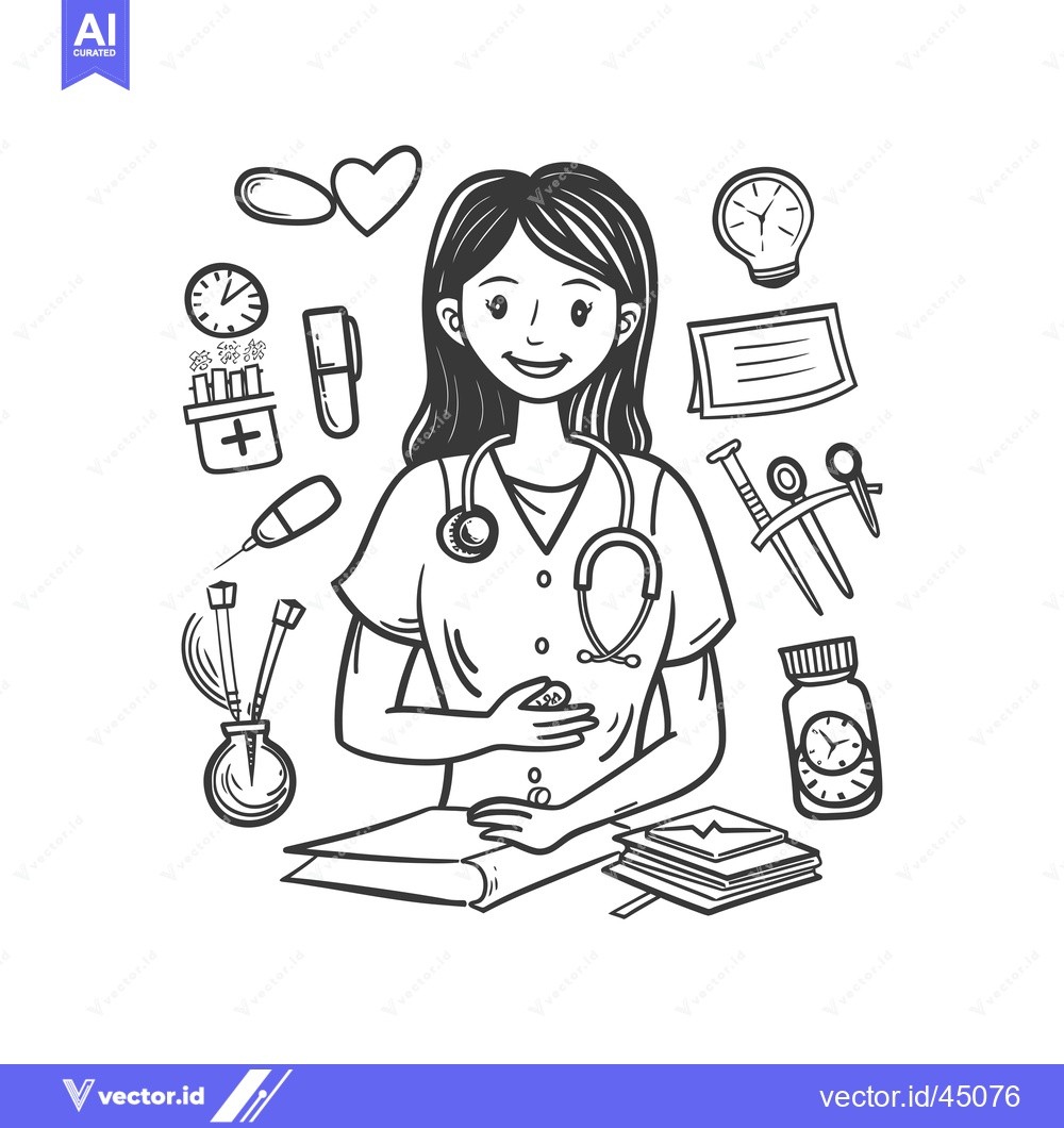 Premium Vector dari Hand-Drawn Illustration of a Female Doctor with Medical Supplies and B