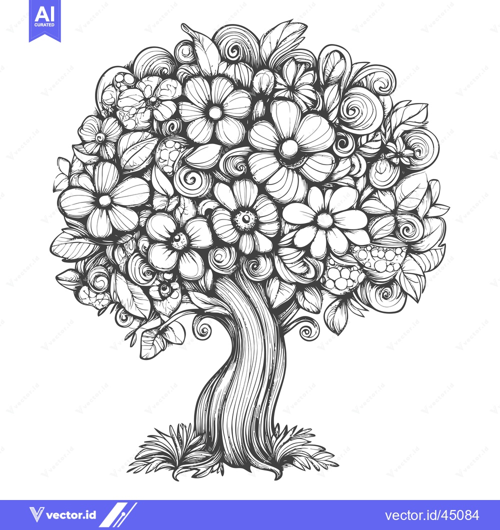 Premium Vector of Hand-Drawn Illustration of a Flower-Adorned Tree