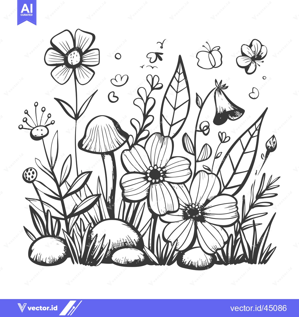 Premium Vector dari Hand-drawn Illustration of a Flower Patch with Mushrooms and Butterfli