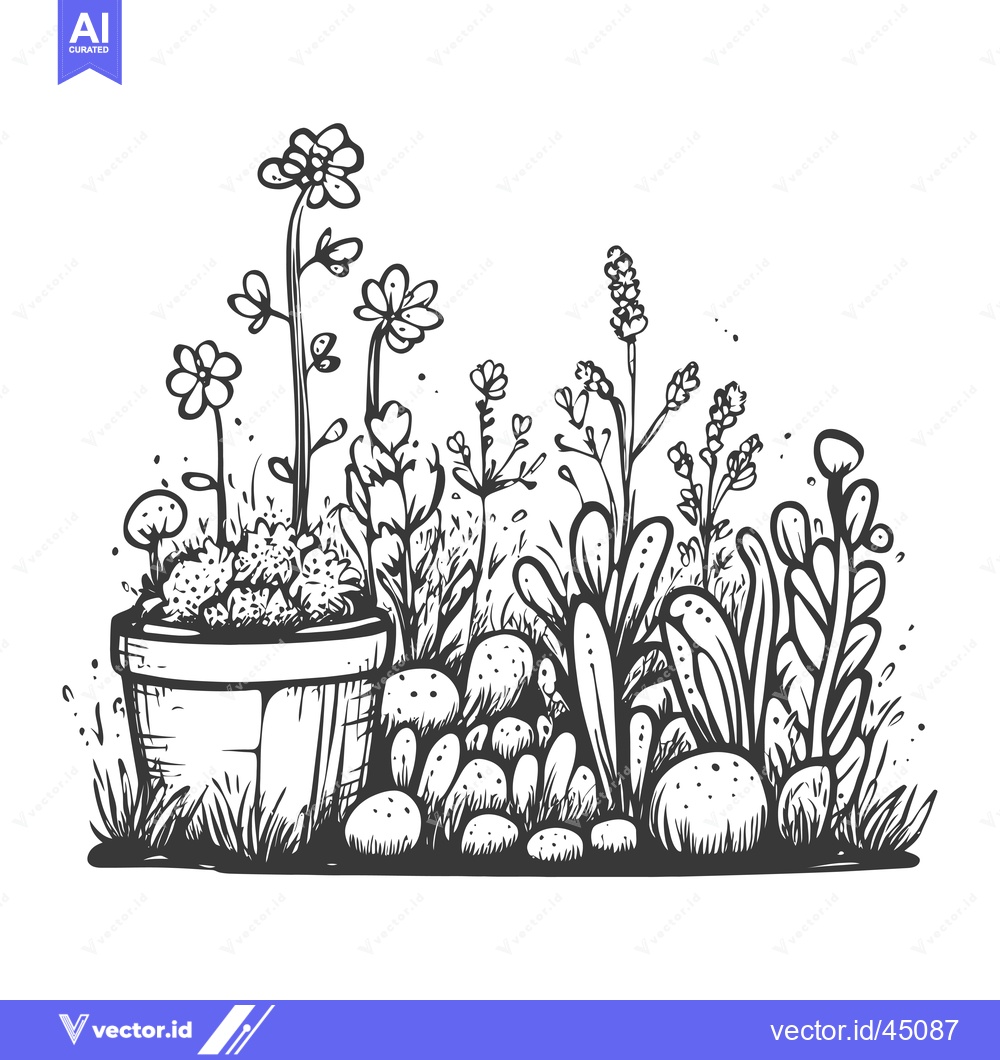 Premium Vector dari Hand-drawn Illustration of a Flower Pot with Various Flowers and Plant