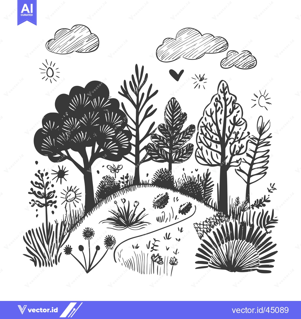 Premium Vector dari Hand-drawn Illustration of a Forest with Trees, Flowers, and Clouds