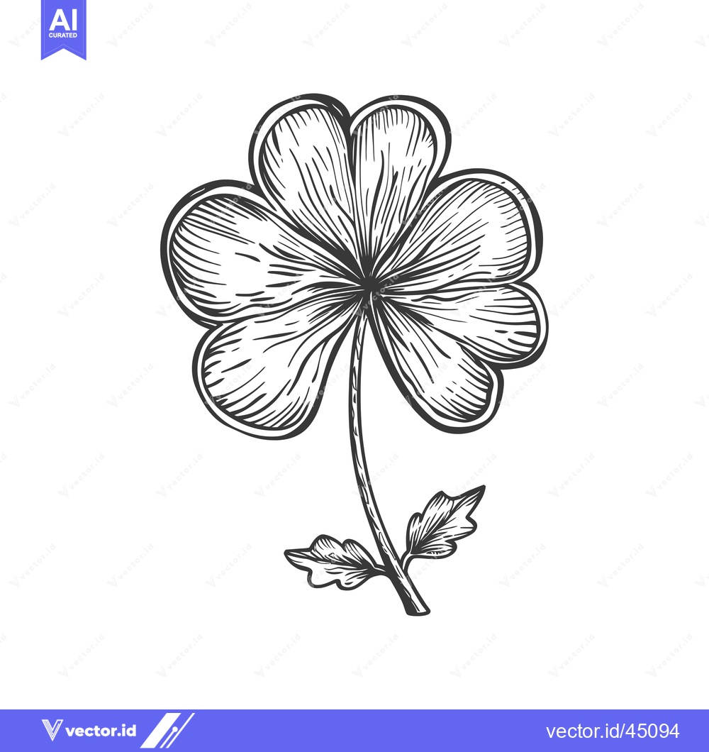 Premium Vector dari Hand-Drawn Illustration of a Four-Leaf Clover with Stem and Leaves