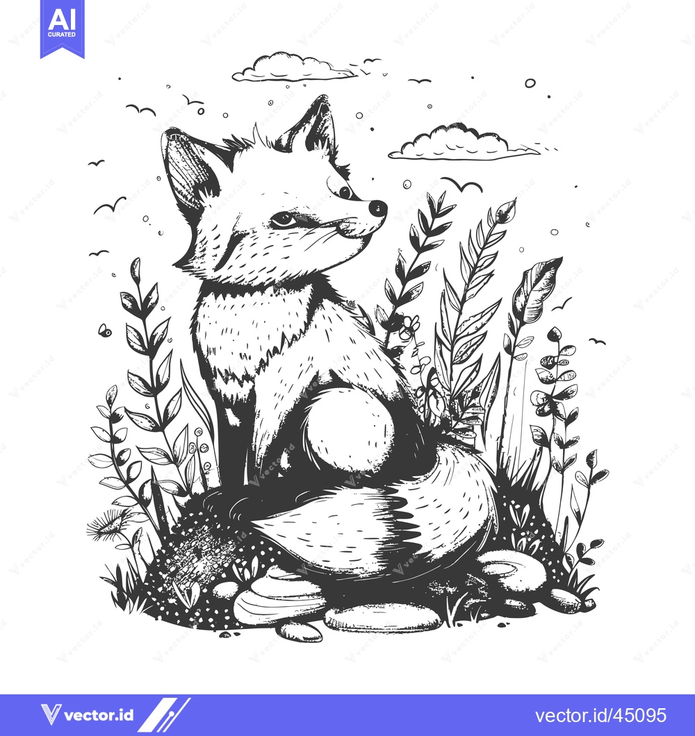 Premium Vector of Hand-drawn Illustration of a Fox Sitting in Grass and Rocks