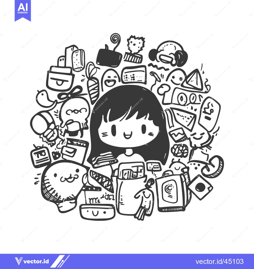 Premium Vector dari Hand-Drawn Illustration of a Girl Surrounded by Whimsical Doodle Objec