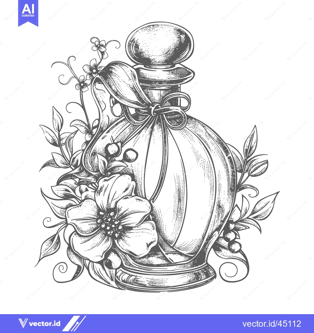 Premium Vector dari Hand-Drawn Illustration of a Glass Perfume Bottle Surrounded by Flower