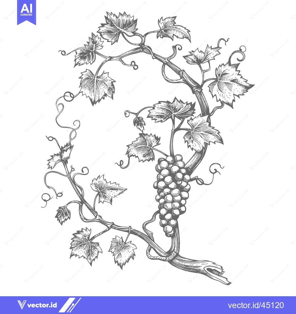 Premium Vector dari Hand-drawn Illustration of a Grape Vine with a Bunch of Grapes and Lea