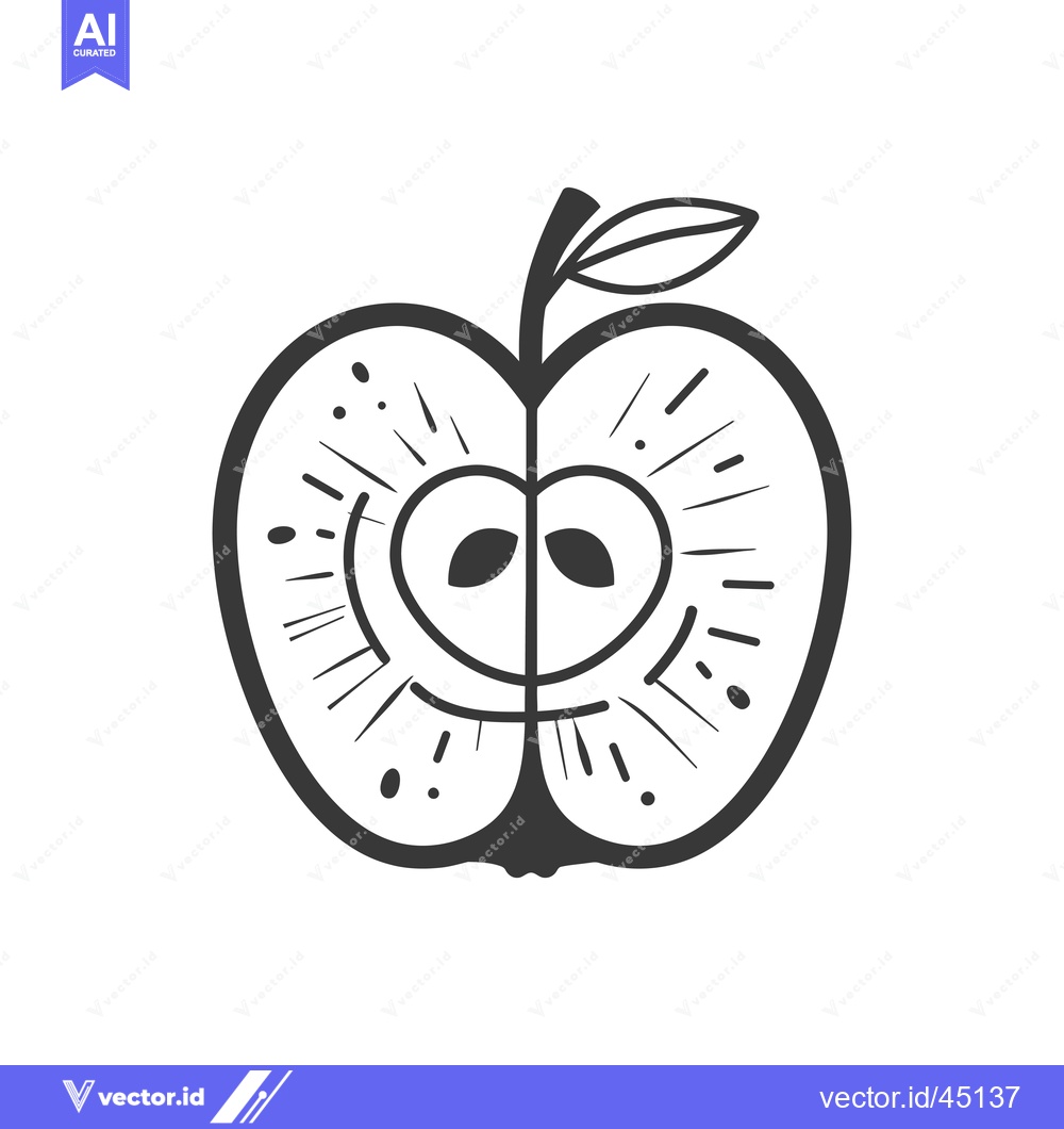 Premium Vector of Hand-drawn Illustration of a Halved Apple with Seeds and Stem