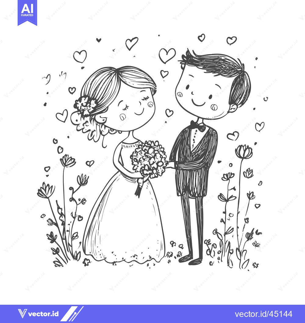 Premium Vector of Hand-drawn illustration of a happy bride and groom with flowers