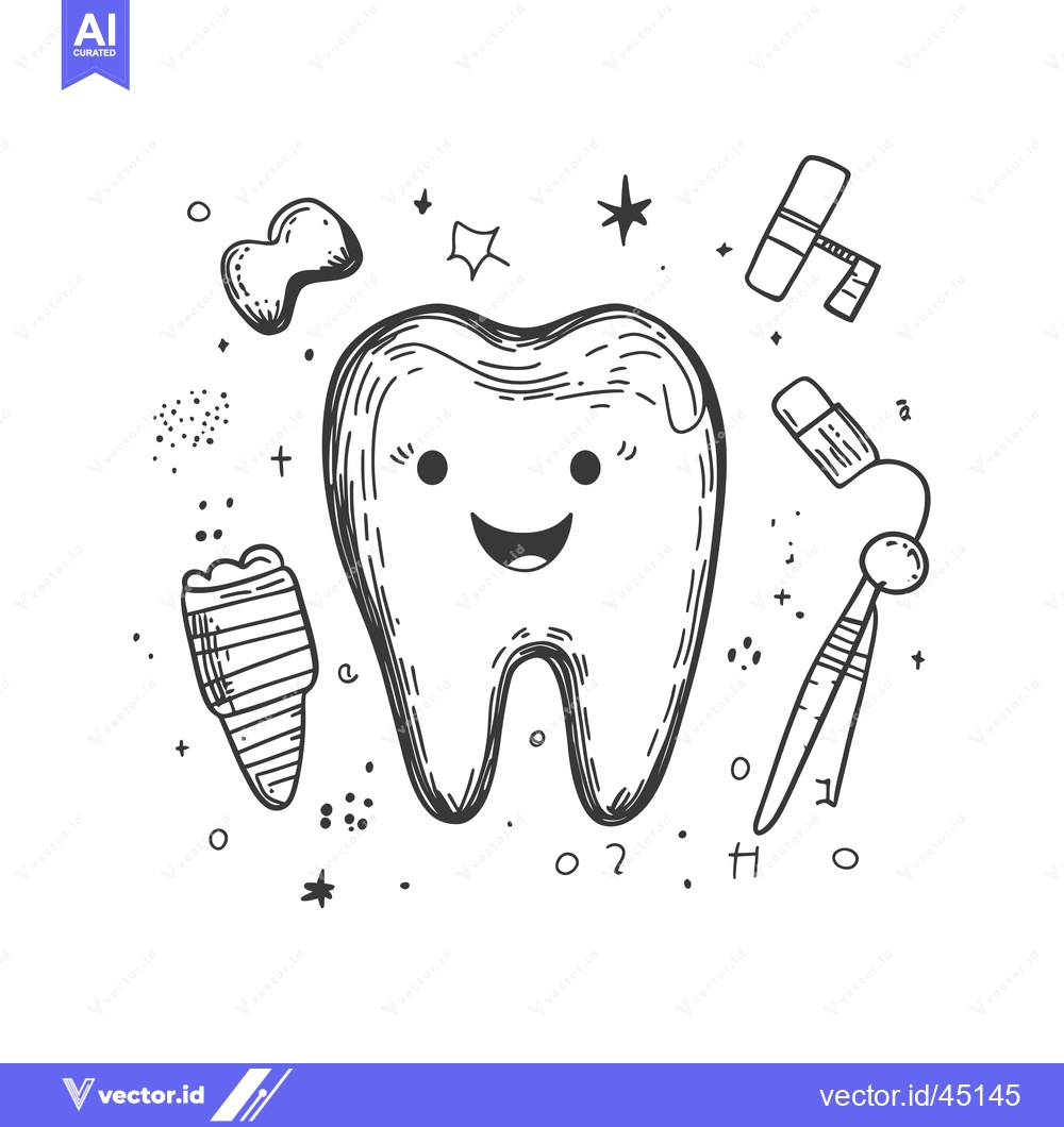 Premium Vector of Hand-drawn illustration of a happy cartoon tooth with dental care tool