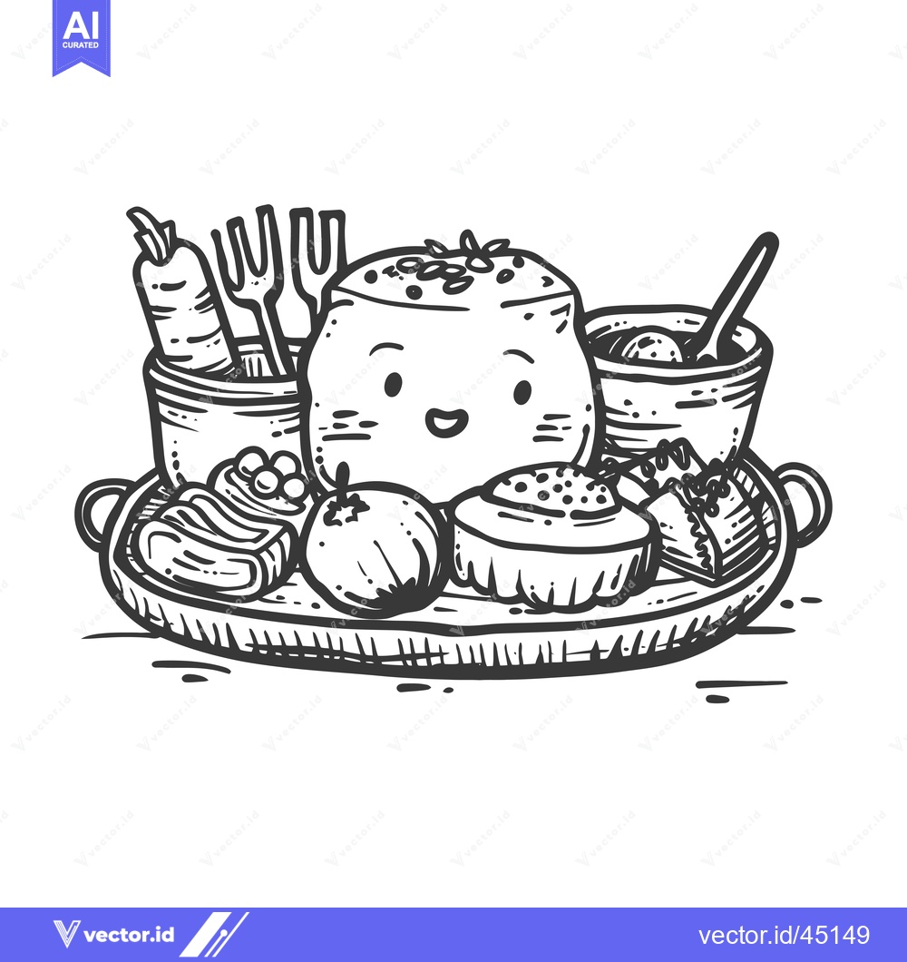 Premium Vector dari Hand-drawn illustration of a happy meal on a tray with various food it