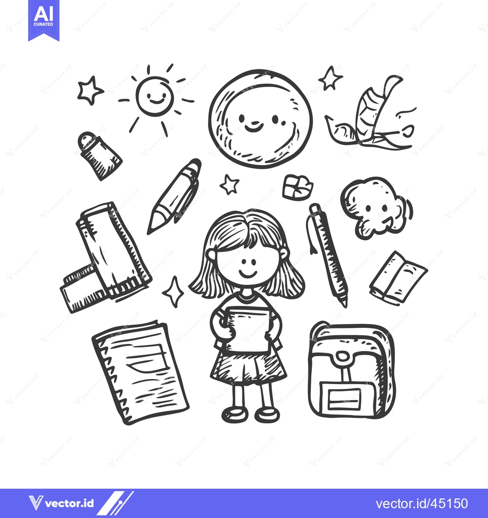 Premium Vector of Hand-Drawn Illustration of a Happy Schoolgirl Surrounded by School Sup