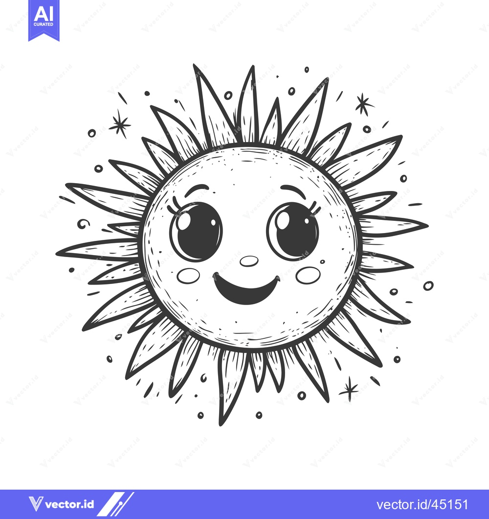 Premium Vector of Hand-drawn illustration of a happy, smiling sun with large eyes and ra