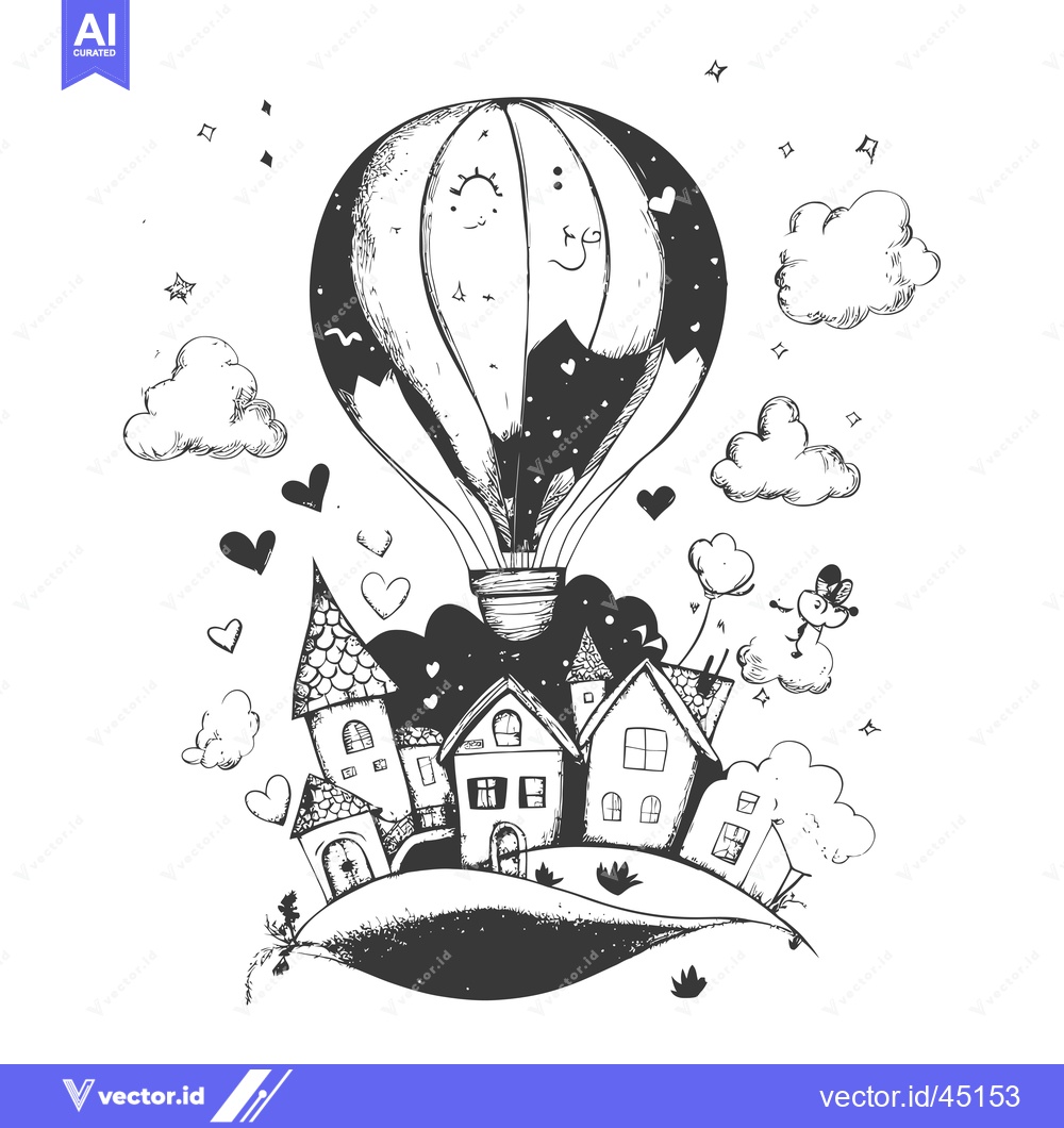Premium Vector of Hand-drawn illustration of a hot air balloon flying over a town with h