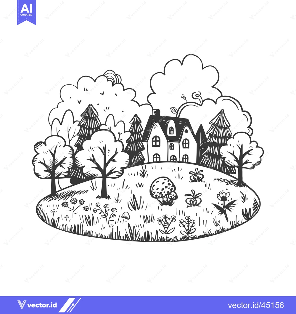 Premium Vector of Hand-Drawn Illustration of a House in a Lush Forest Clearing