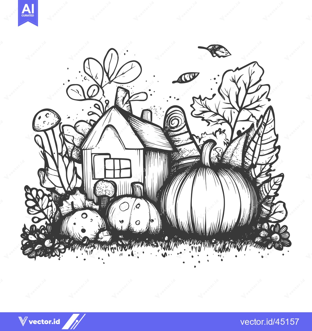 Premium Vector dari Hand-drawn illustration of a house, pumpkins, mushrooms, and leaves in