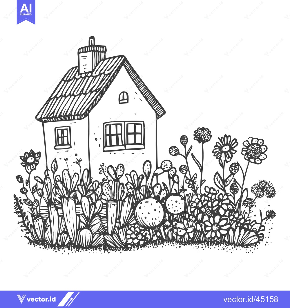 Premium Vector dari Hand-Drawn Illustration of a House Surrounded by Lush Greenery and Flo