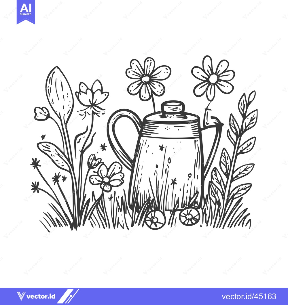 Premium Vector of Hand-Drawn Illustration of a Kettle Amidst Blooming Flowers and Grass