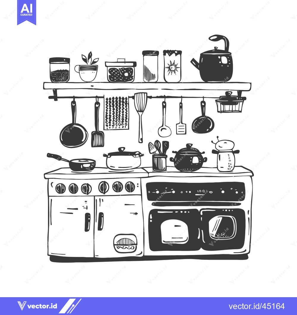 Premium Vector dari Hand-drawn illustration of a kitchen stove with cookware and utensils