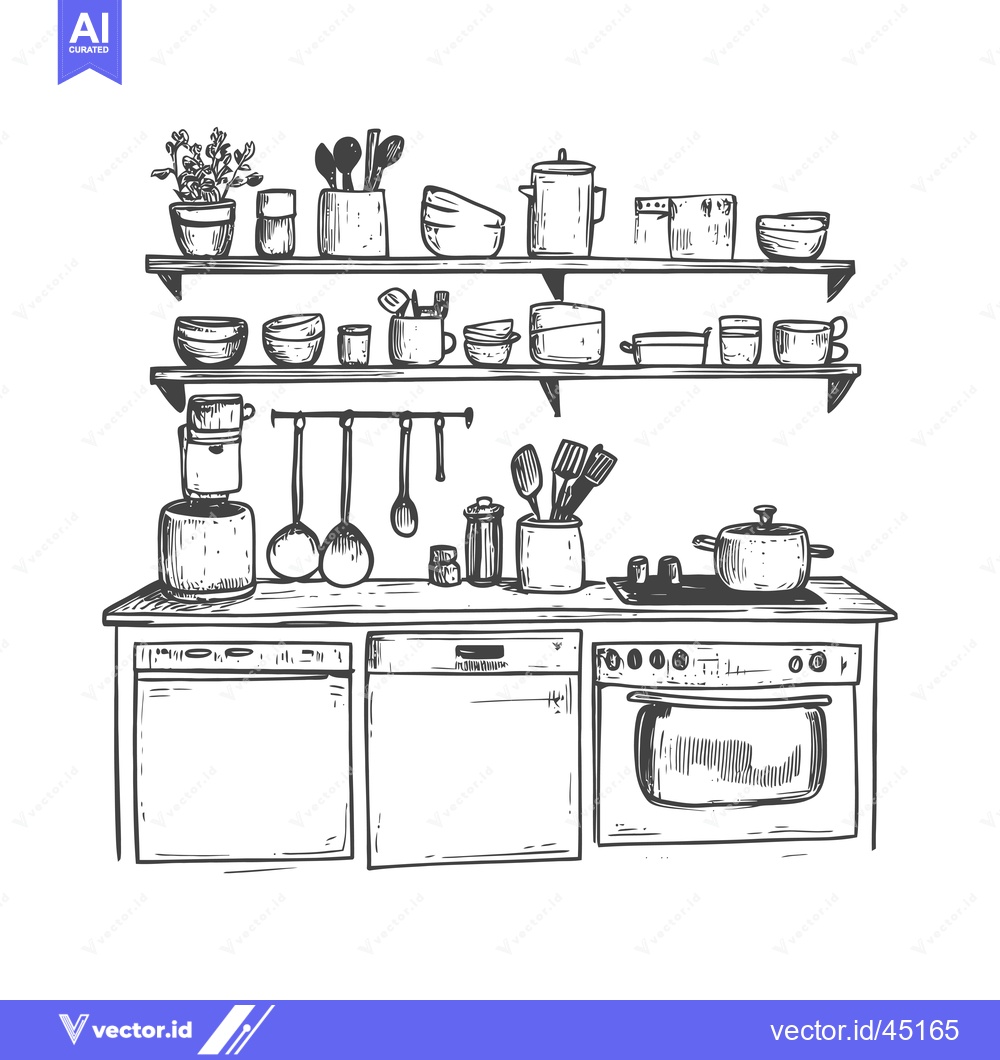 Premium Vector of Hand-Drawn Illustration of a Kitchen with Shelves, Appliances, and Ute