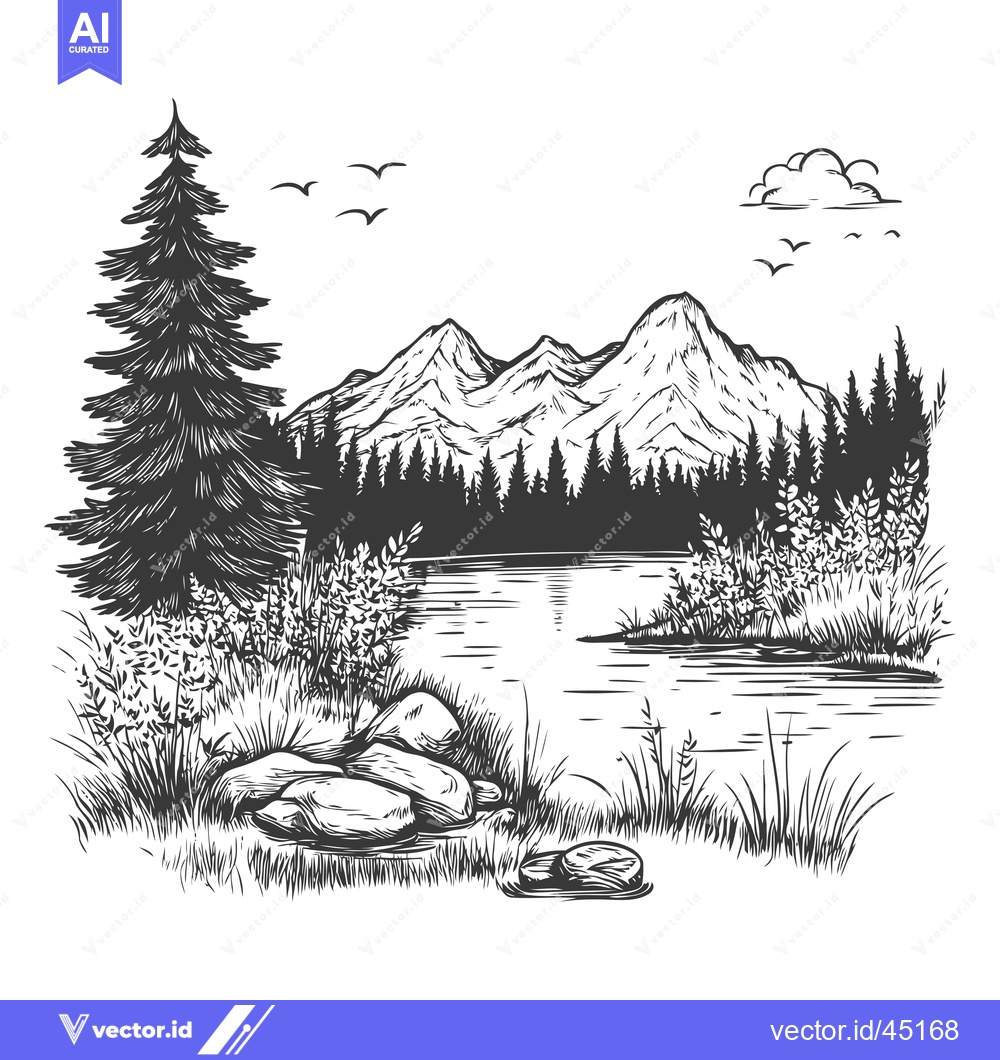 Premium Vector dari Hand-drawn illustration of a lake surrounded by mountains, a forest, a