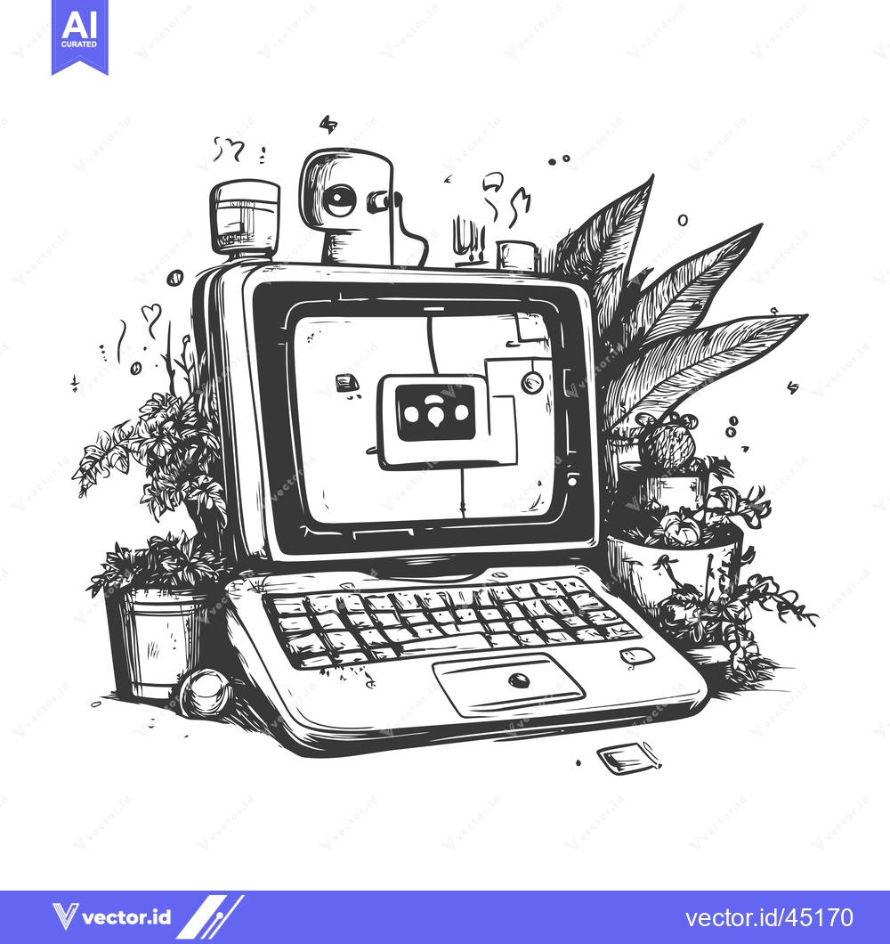 Premium Vector of Hand-drawn Illustration of a Laptop Surrounded by Plants and a Robot