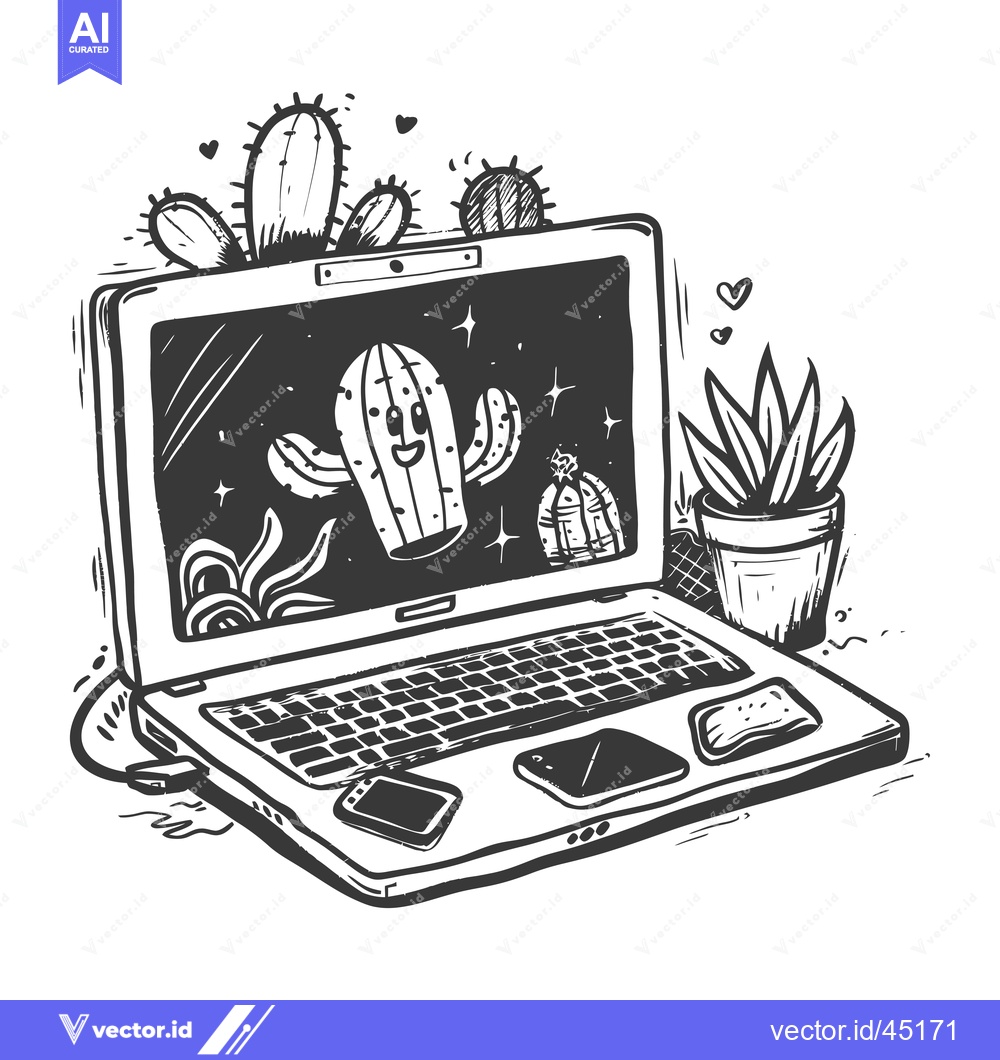 Premium Vector dari Hand-drawn illustration of a laptop with a smiling cactus on the scree