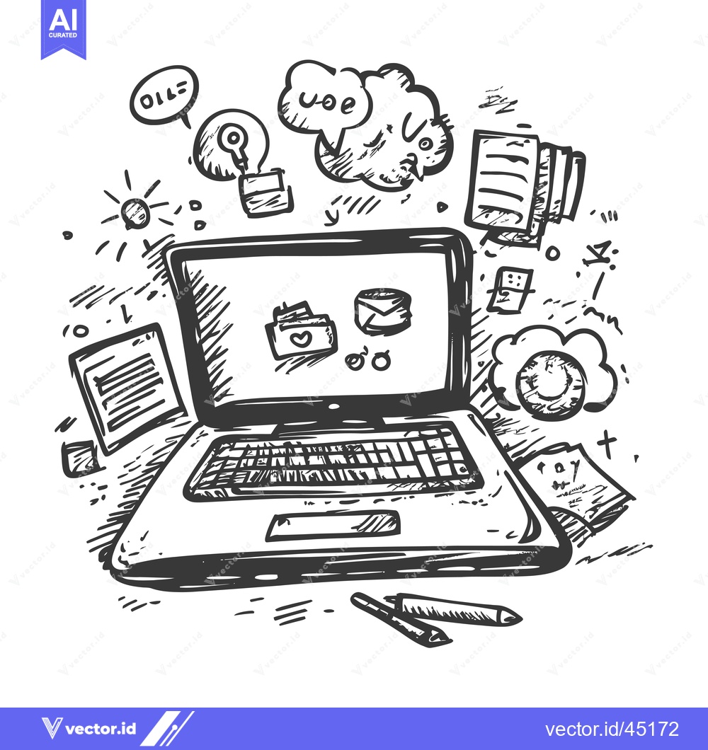 Premium Vector dari Hand-drawn illustration of a laptop with surrounding digital icons