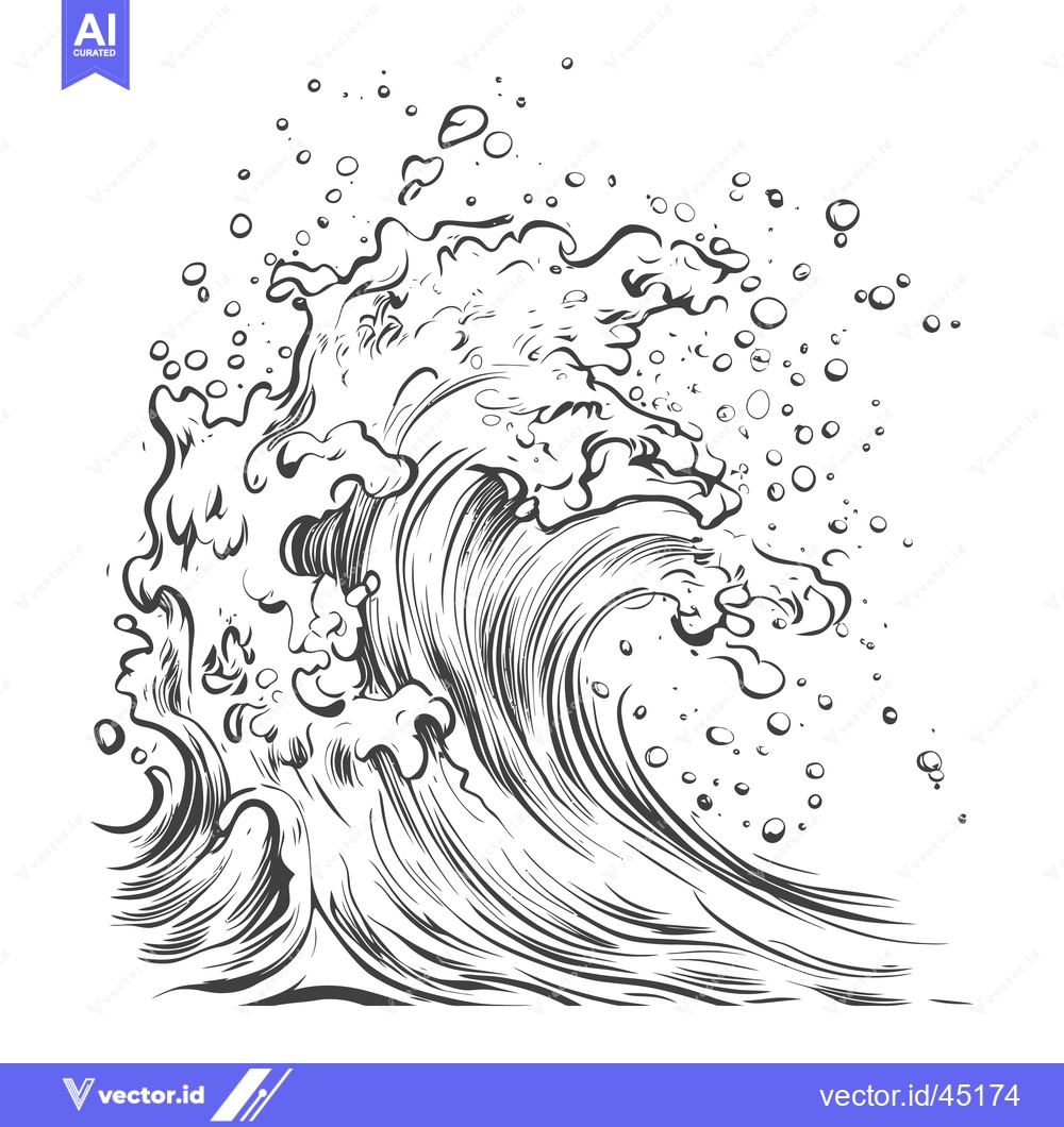 Premium Vector of Hand-Drawn Illustration of a Large Ocean Wave with Bubbles