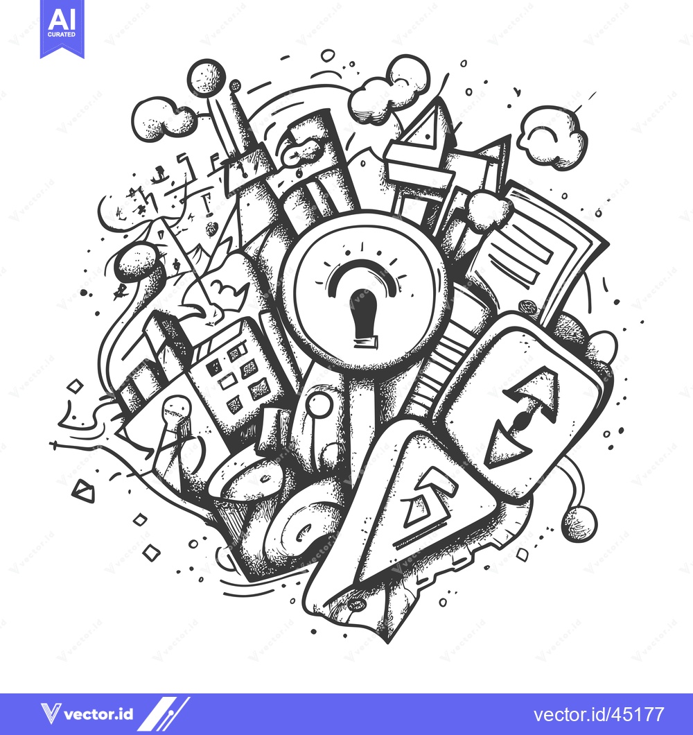 Premium Vector of Hand-drawn illustration of a light bulb, city buildings, and abstract