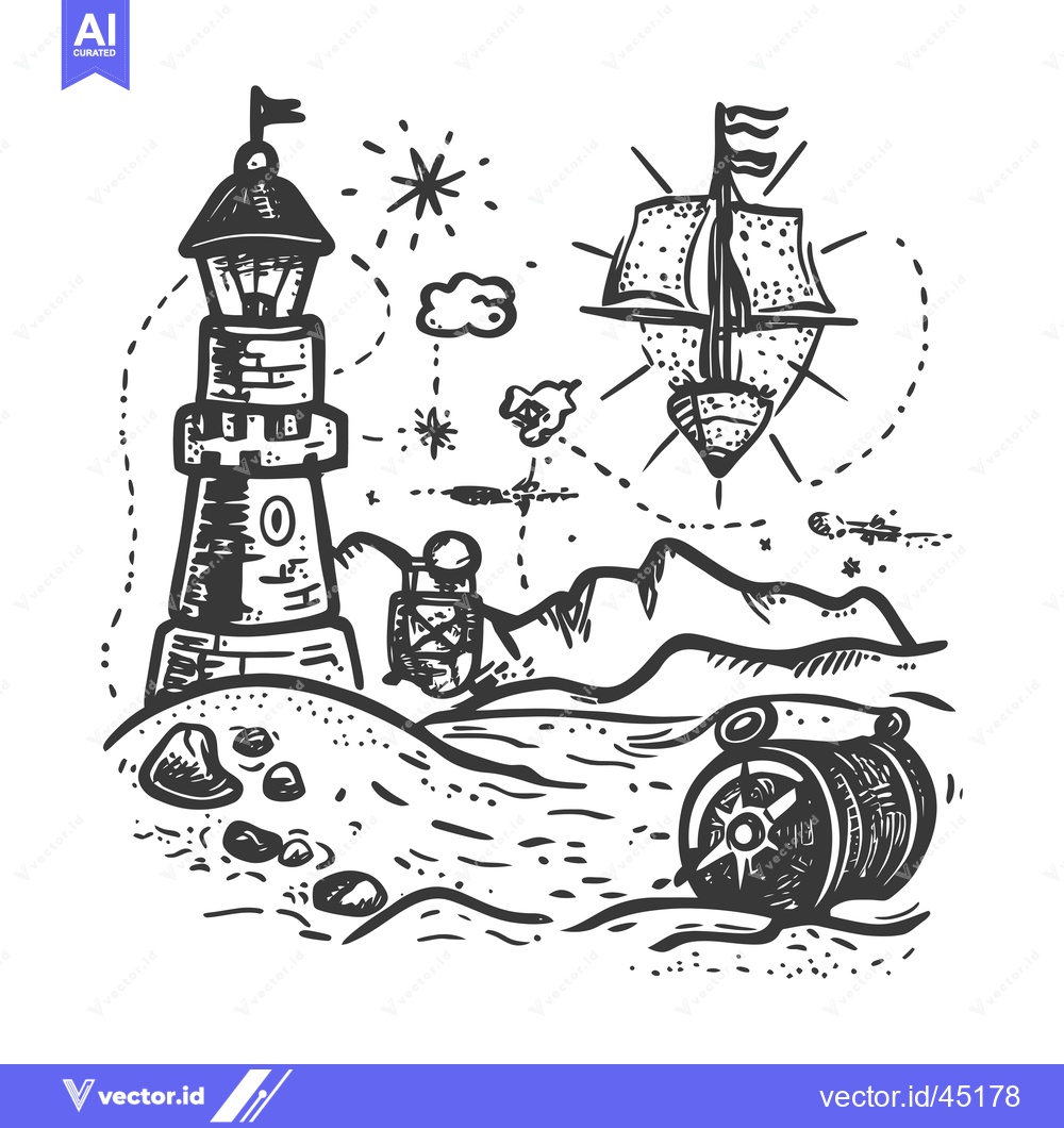 Premium Vector of Hand-drawn Illustration of a Lighthouse, Ship, and Compass on a Coasta