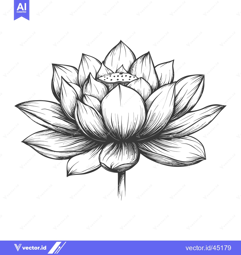 Premium Vector of Hand-drawn Illustration of a Lotus Flower in Black and White
