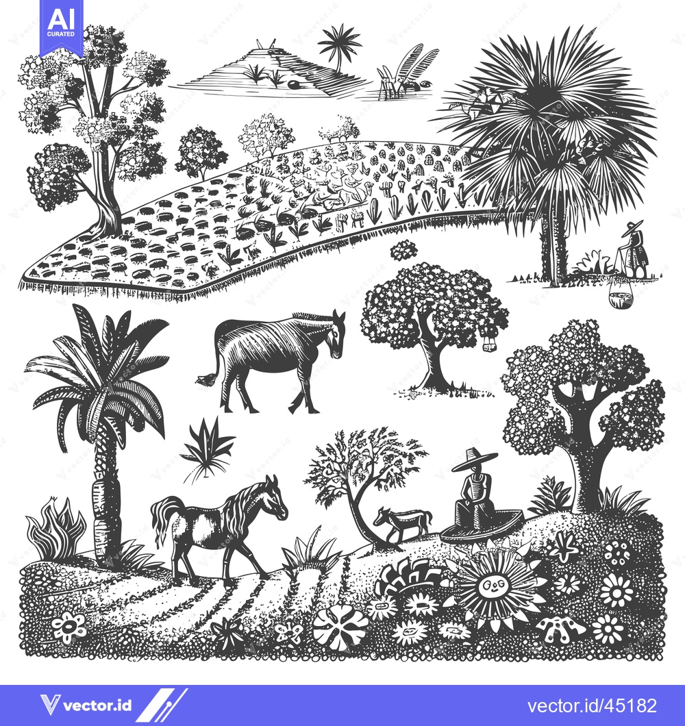 Premium Vector dari Hand-drawn Illustration of a Lush Tropical Landscape with Palm Trees,