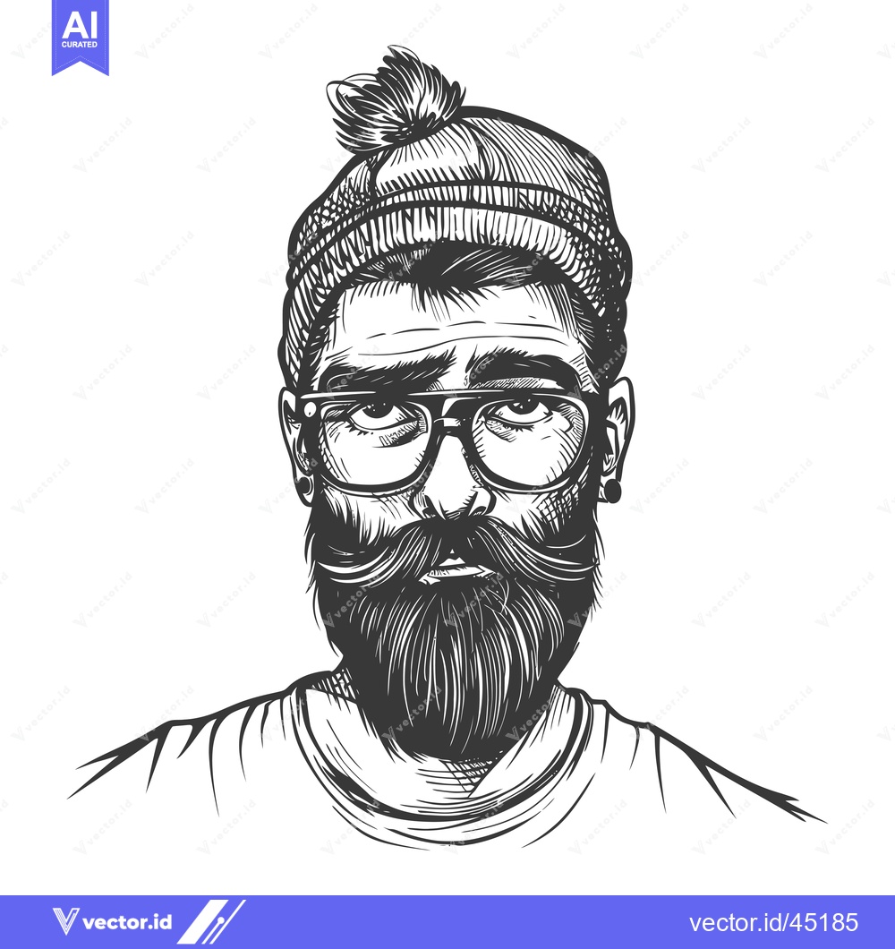 Premium Vector dari Hand Drawn Illustration of a Man with a Beard, Glasses, and a Knit Hat