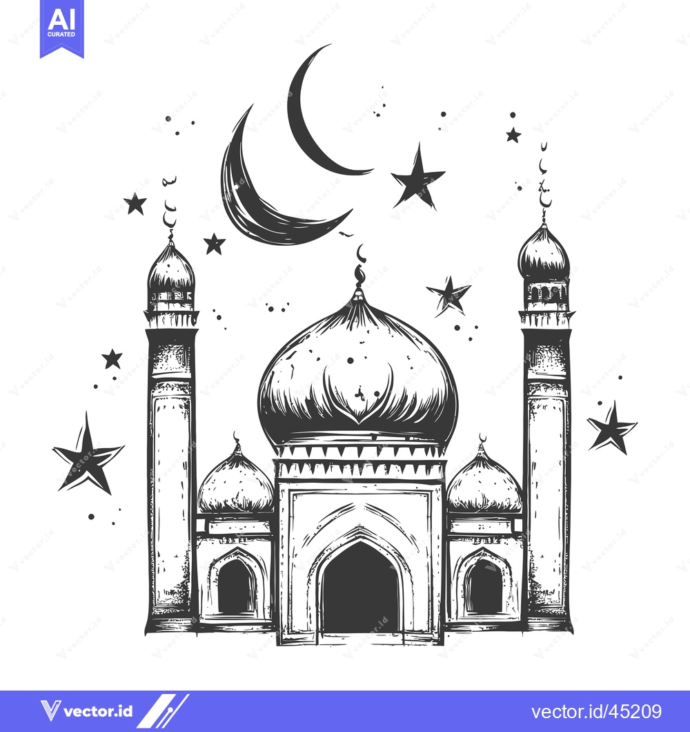 Premium Vector dari Hand-drawn illustration of a mosque with a crescent moon and stars