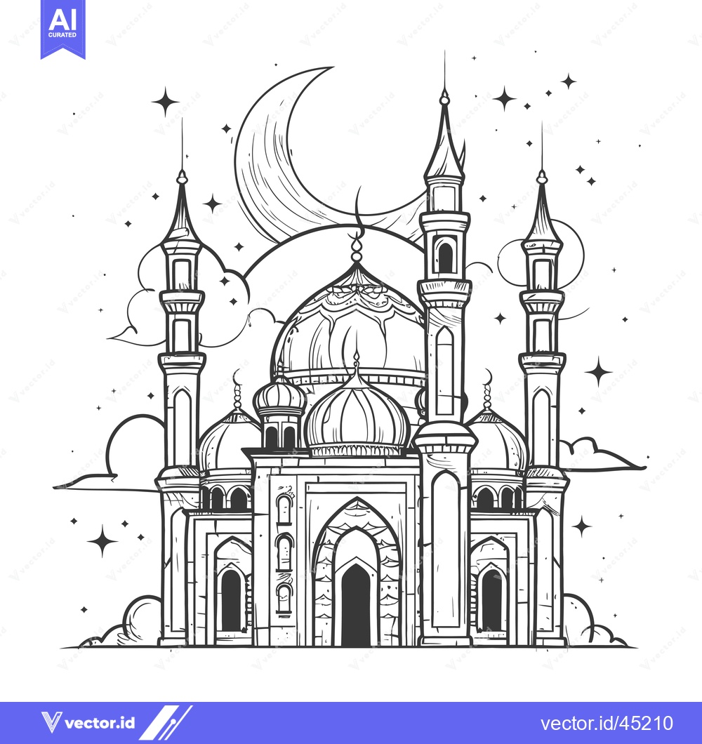 Premium Vector dari Hand-Drawn Illustration of a Mosque with Crescent Moon and Stars