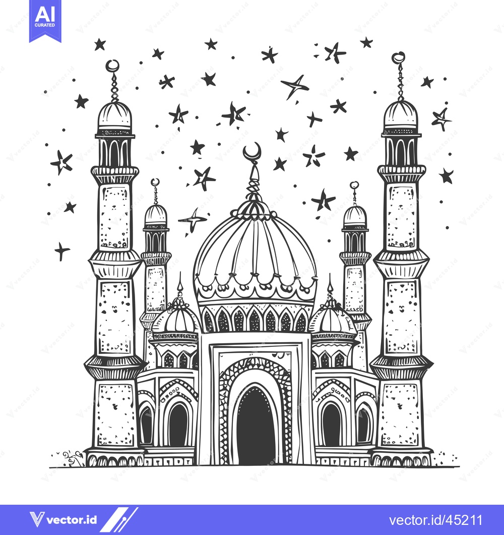 Premium Vector of Hand-drawn illustration of a mosque with minarets and stars