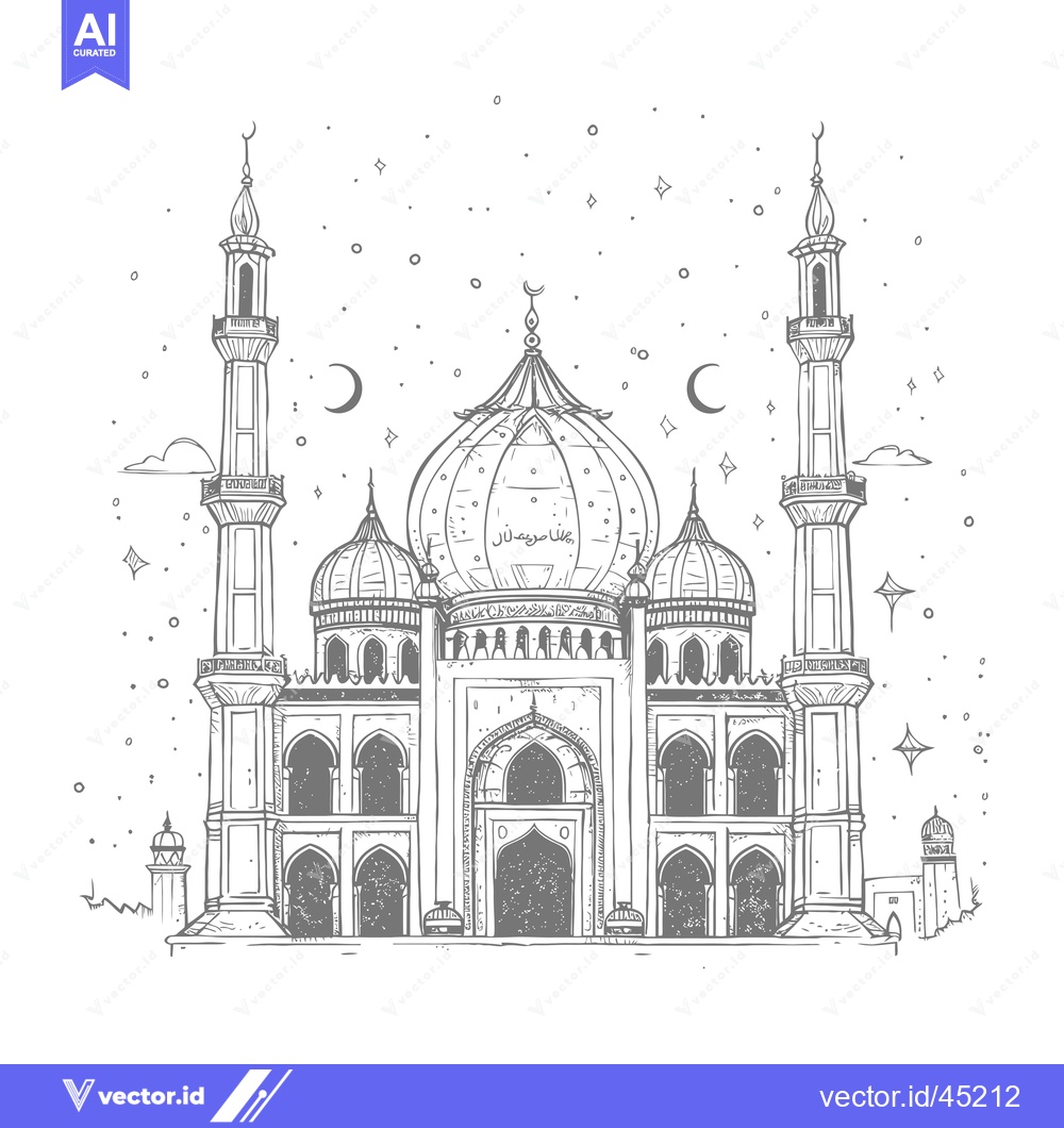 Premium Vector dari Hand-drawn Illustration of a Mosque with Minarets Under a Starry Sky
