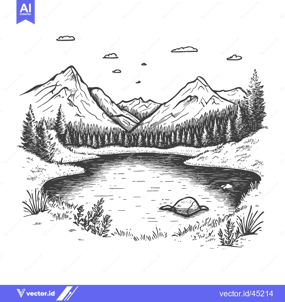 Premium Vector of Hand-drawn Illustration of a Mountain Lake Scene with Trees and Clouds