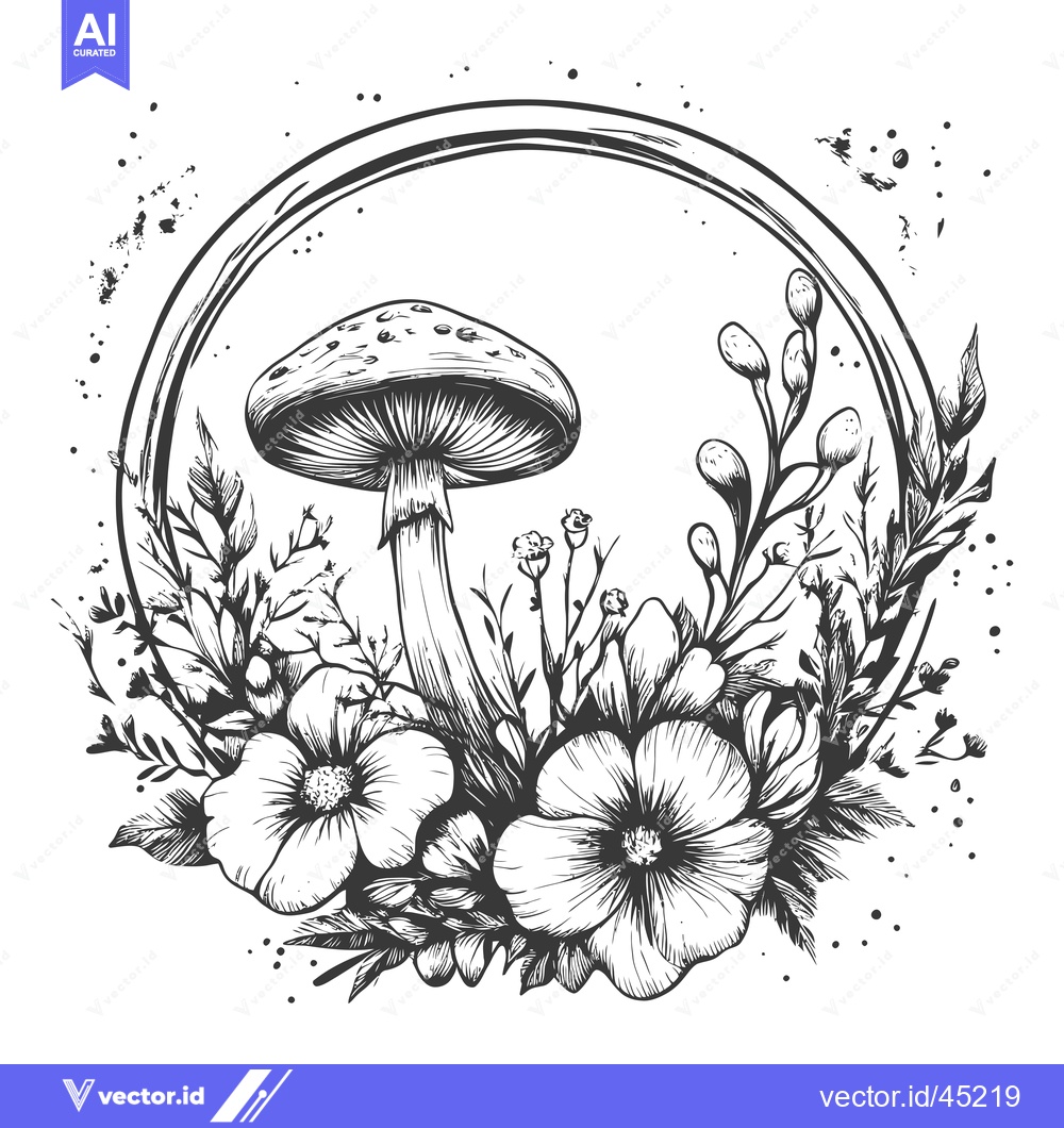 Premium Vector of Hand-drawn illustration of a mushroom with flowers and leaves in a cir