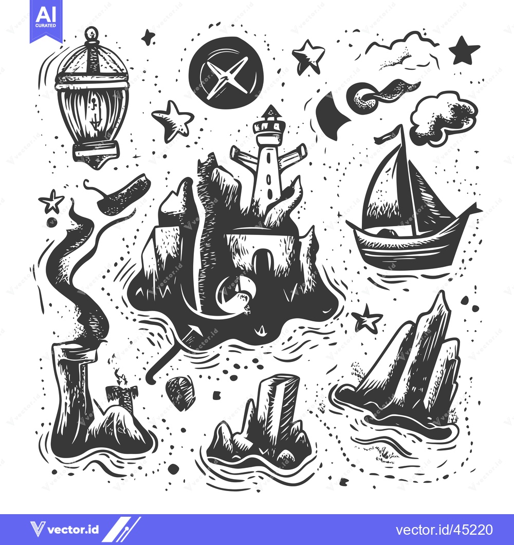 Premium Vector of Hand-drawn Illustration of a Mysterious Island with a Lighthouse, a Sa